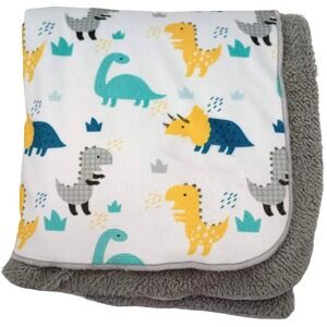 Manhattan Kids Dinosaur Blanket Gray Sherpa Backside Yellow Green White Blue